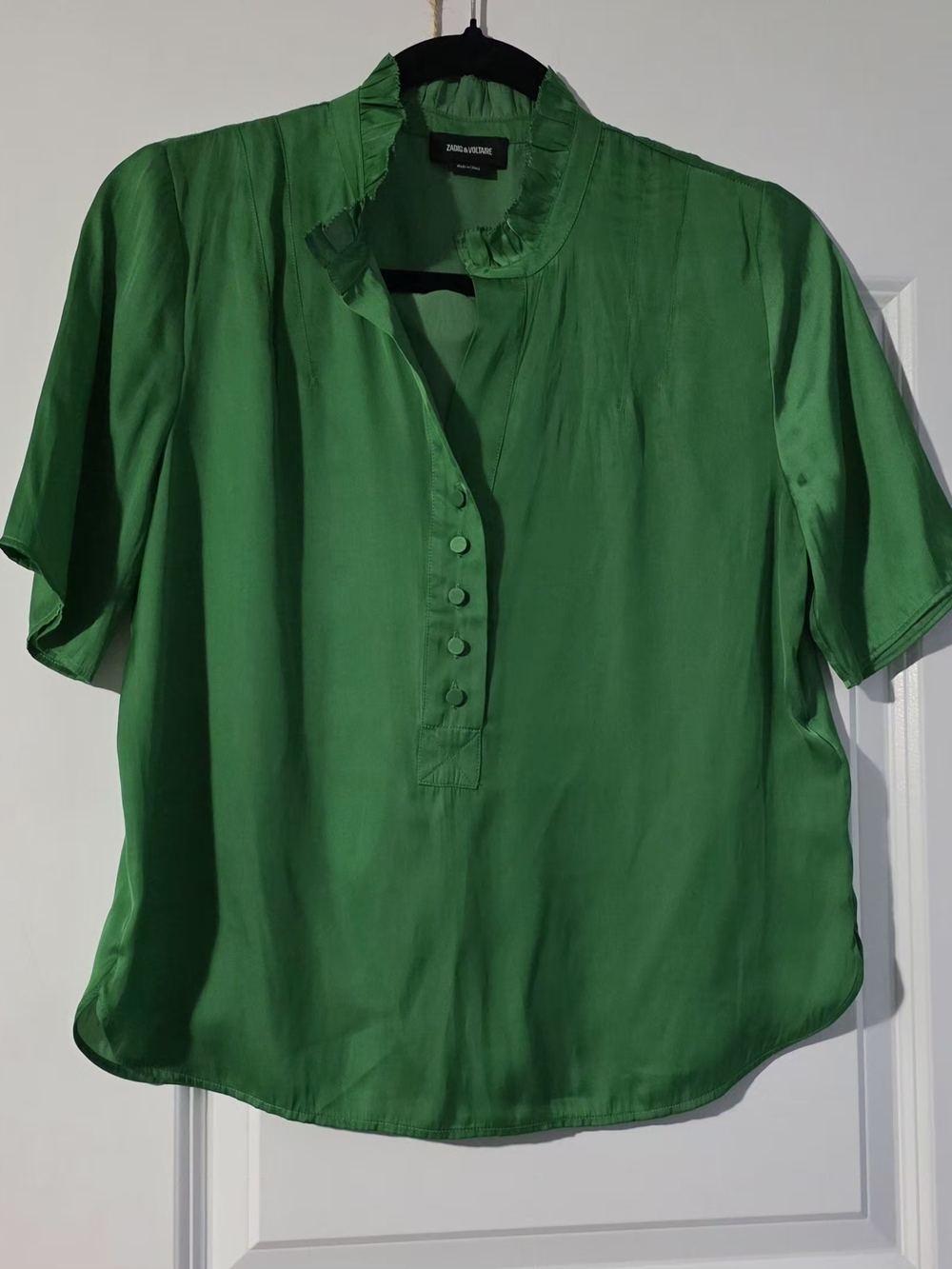 NWT Zadig & Voltaire Emerald Green Short-Sleeve Ruffle Collar Blouse Size M